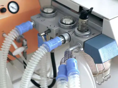 Detailed view of tubing and connectors in medical fluid system