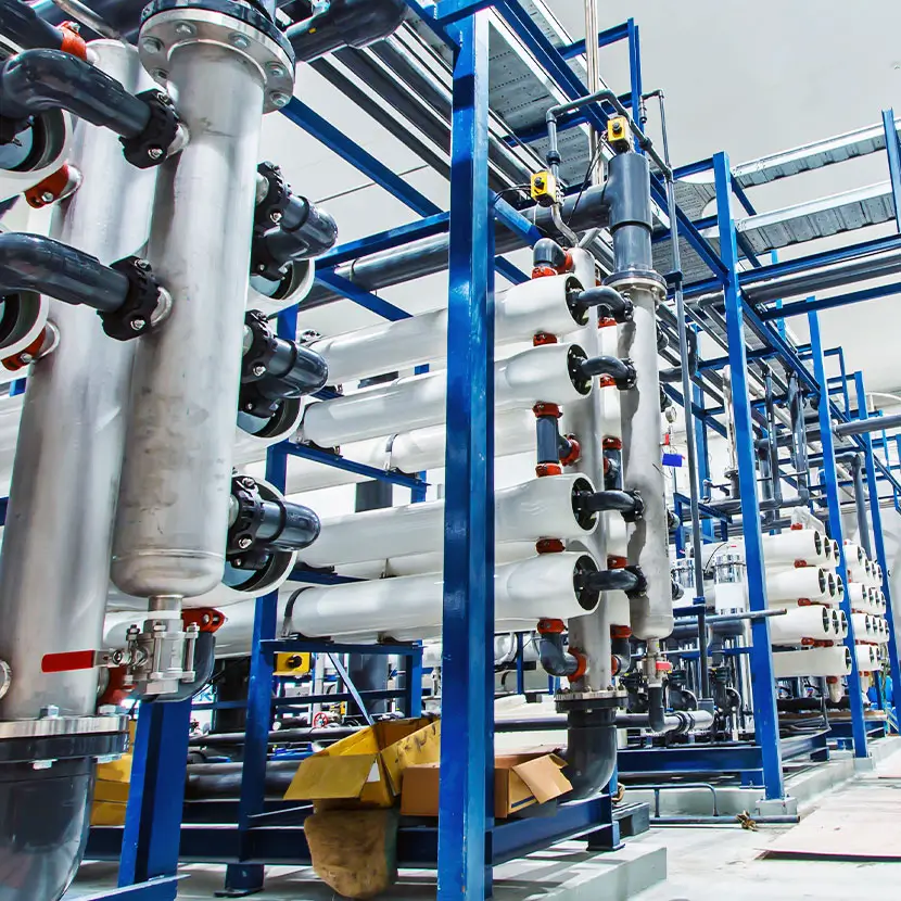 Reverse osmosis water treatment system with multiple membrane filtration units and industrial piping for fluid processing