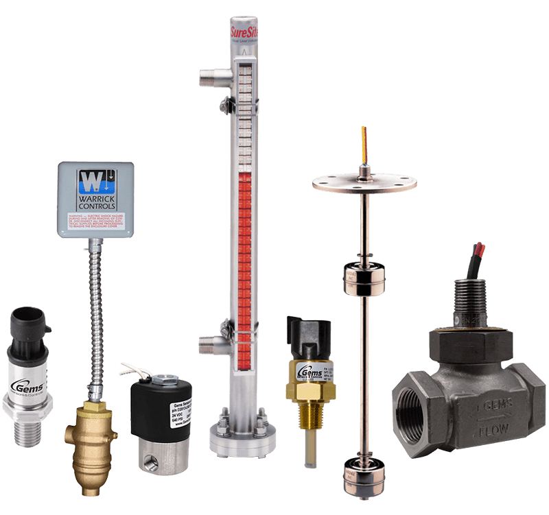 Industrial fluid control components including pressure sensors, solenoid valves, level indicators, and flow switches by Gems Sensors and Warwick Controls