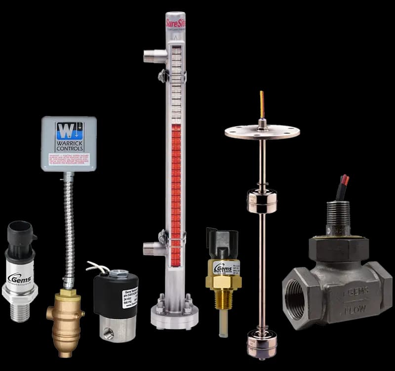 Industrial fluid control components including pressure sensors, solenoid valves, level indicators, and flow switches by Gems Sensors and Warwick Controls