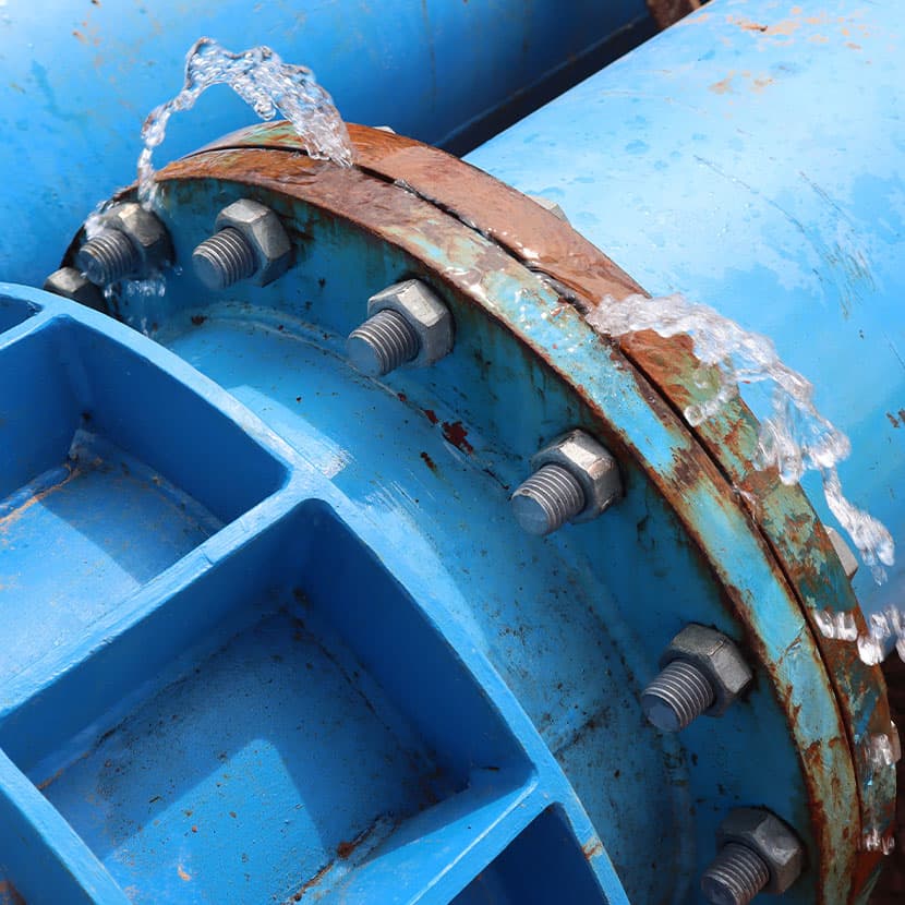 Close-up of corroded blue industrial pipe with visible water leakage for infrastructure monitoring
