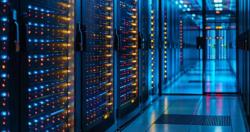 Rows of illuminated server racks in a modern data center
