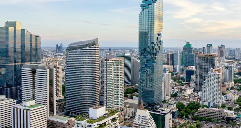 City skyline with modern high-rise buildings representing smart building technology
