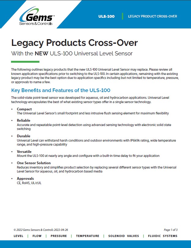ULS-100 Universal Level Legacy Cross-Over Product Sheet
